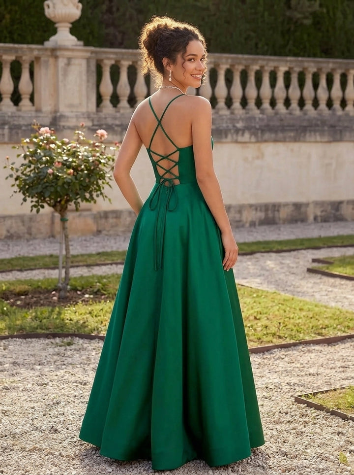 A-Line/Princess Square Neckline Satin Bridesmaid Dresses Sleeveless Floor-Length With Bow