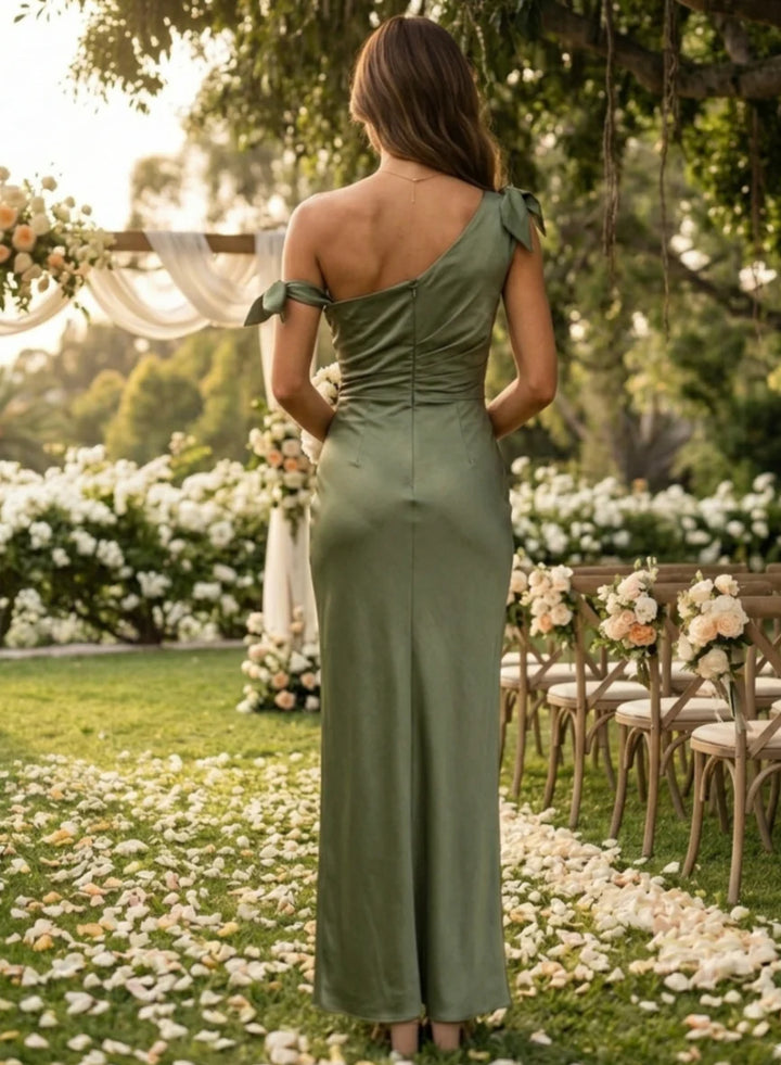 Sheath/Column One-Shoulder Silk Satin Bridesmaid Dresses Sleeveless Ankle-Length Bowknot