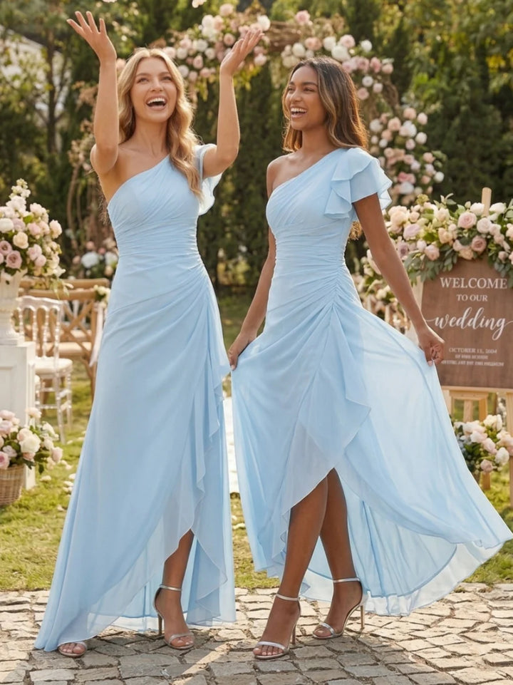 A-Line/Princess One-Shoulder Chiffon Bridesmaid Dresses Short Sleeve Asymmetrical Floor Length Ruffles