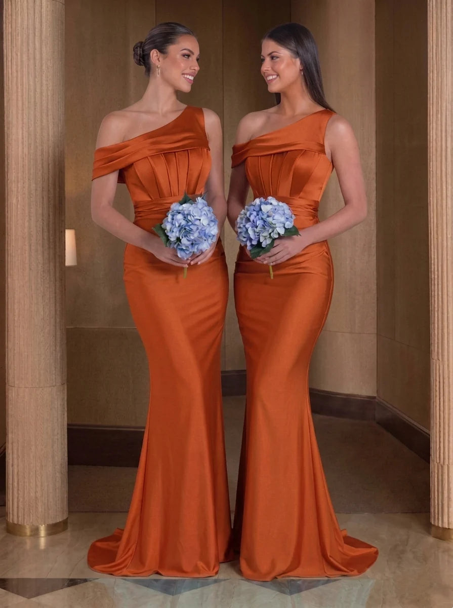 Trumpet/Mermaid Silk Satin One-Shoulder Bridesmaid Dresses Sleeveless Floor-Length Ruched