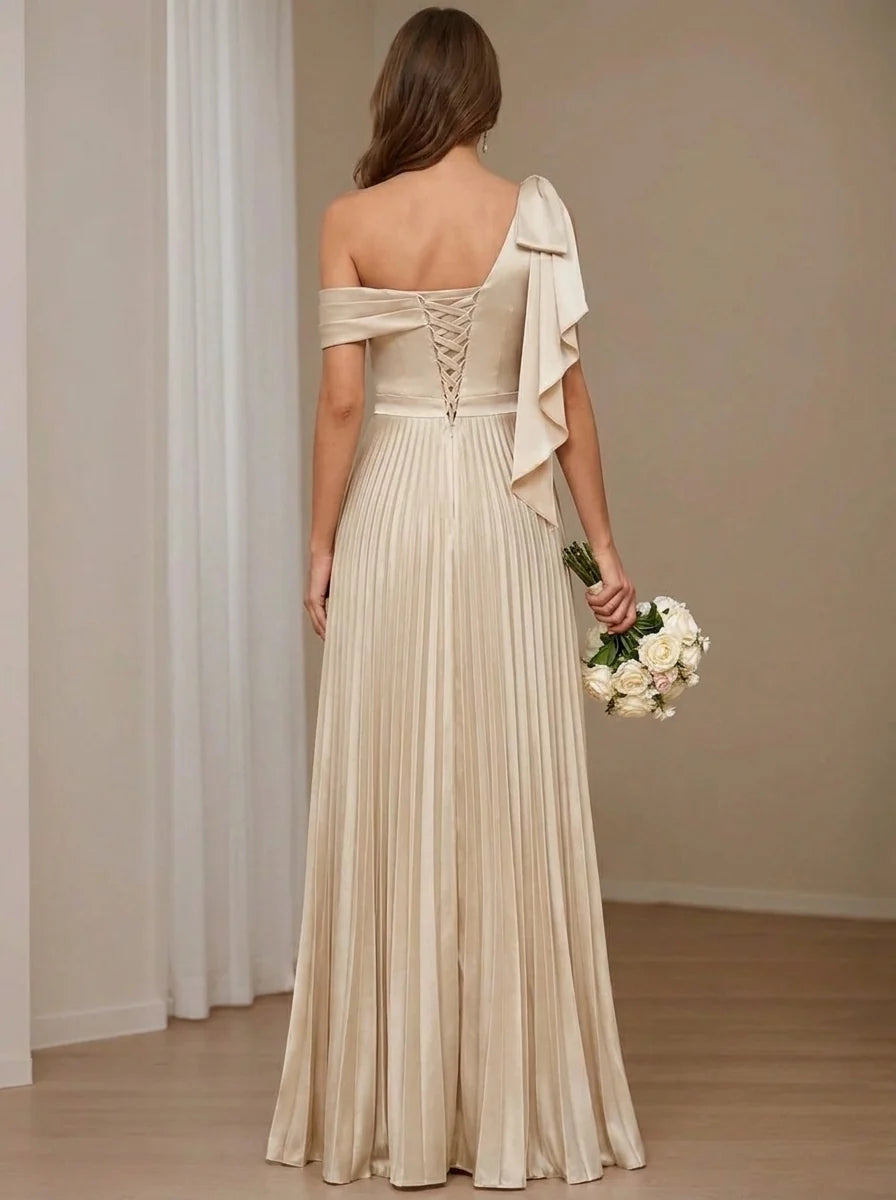 A-Line/Princess Silk Satin One-Shoulder Bridesmaid Dresses with Bowknot Sleeveless Floor-Length Pleated