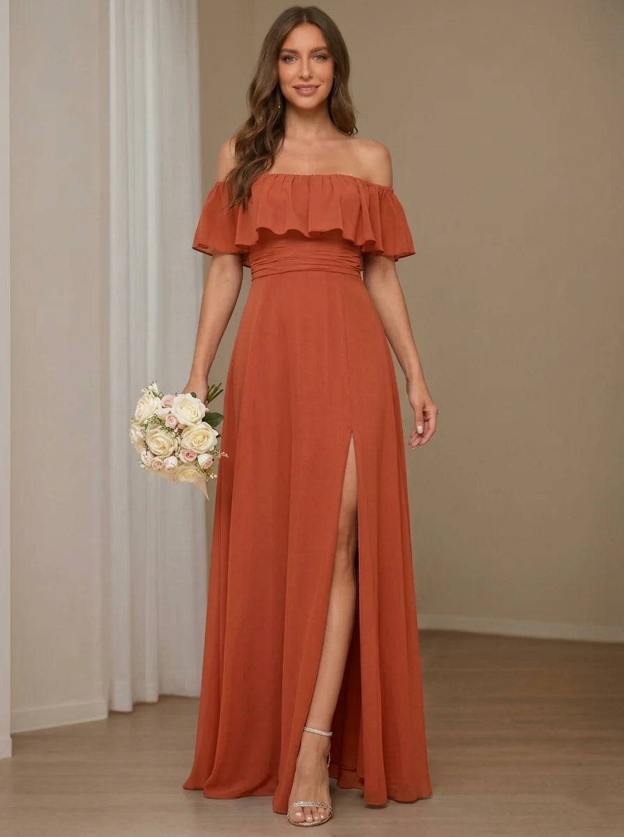 A-Line/Princess Off-the-Shoulder Chiffon Bridesmaid Dresses with Split Side Sleeveless Floor-Length Ruched