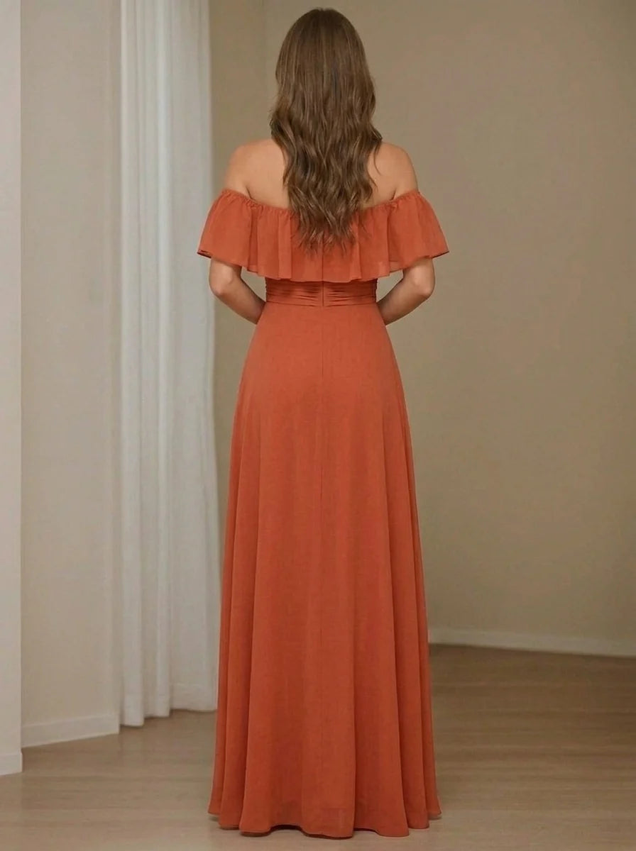 A-Line/Princess Off-the-Shoulder Chiffon Bridesmaid Dresses with Split Side Sleeveless Floor-Length Ruched