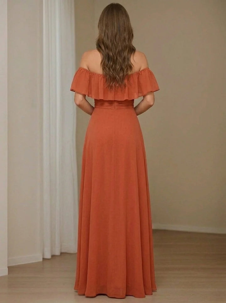 A-Line/Princess Off-the-Shoulder Chiffon Bridesmaid Dresses with Split Side Sleeveless Floor-Length Ruched