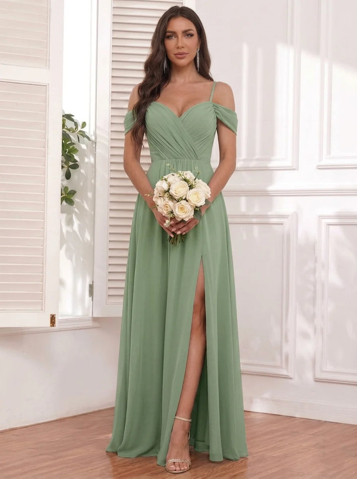 A-Line/Princess Spaghetti Straps Chiffon Bridesmaid Dresses with Split Side Sleeveless Floor-Length Ruched