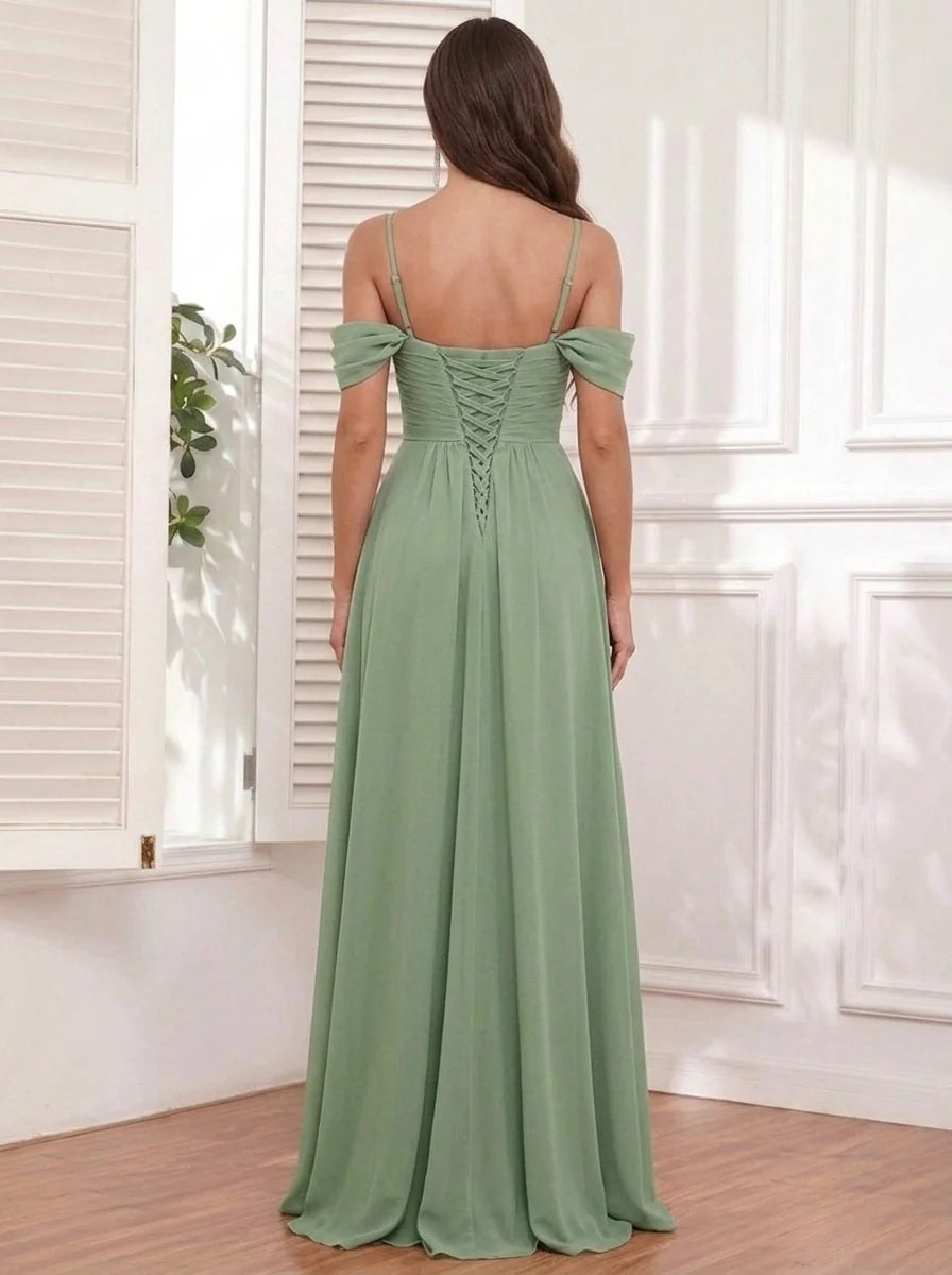 A-Line/Princess Spaghetti Straps Chiffon Bridesmaid Dresses with Split Side Sleeveless Floor-Length Ruched