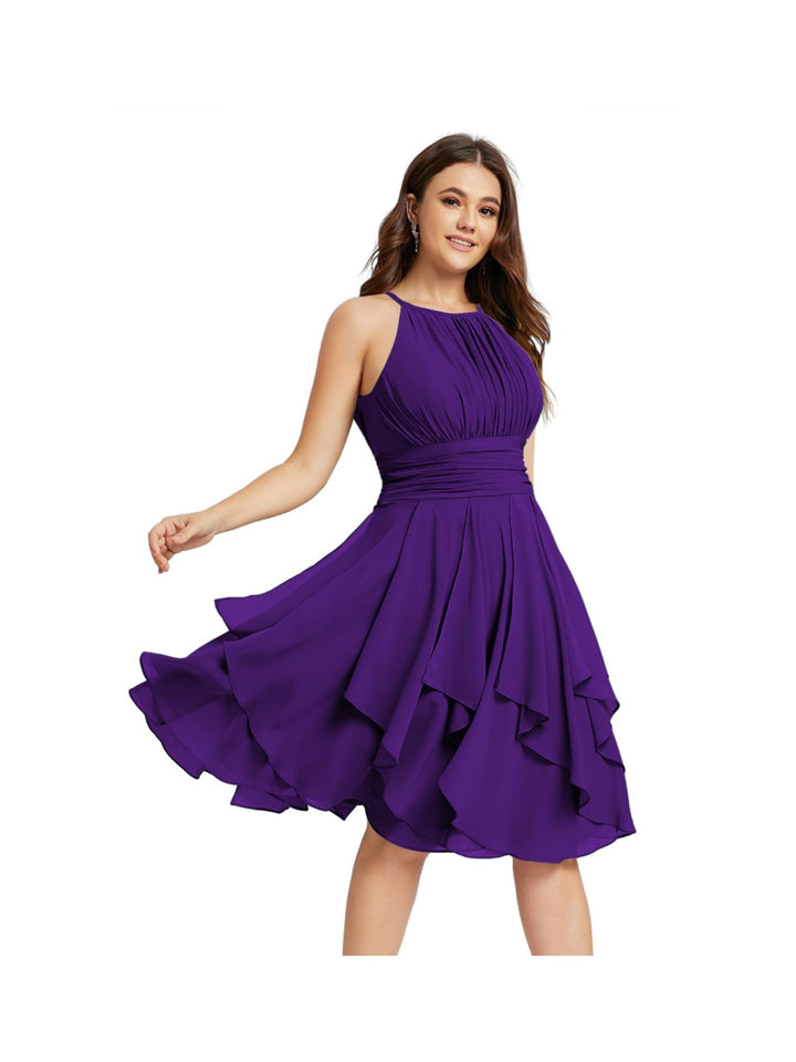 A Line/Princess Halter  Sleeveless Short/Mini  Bridesmaid Dresses Chiffon Ruffle Pleated Pockets