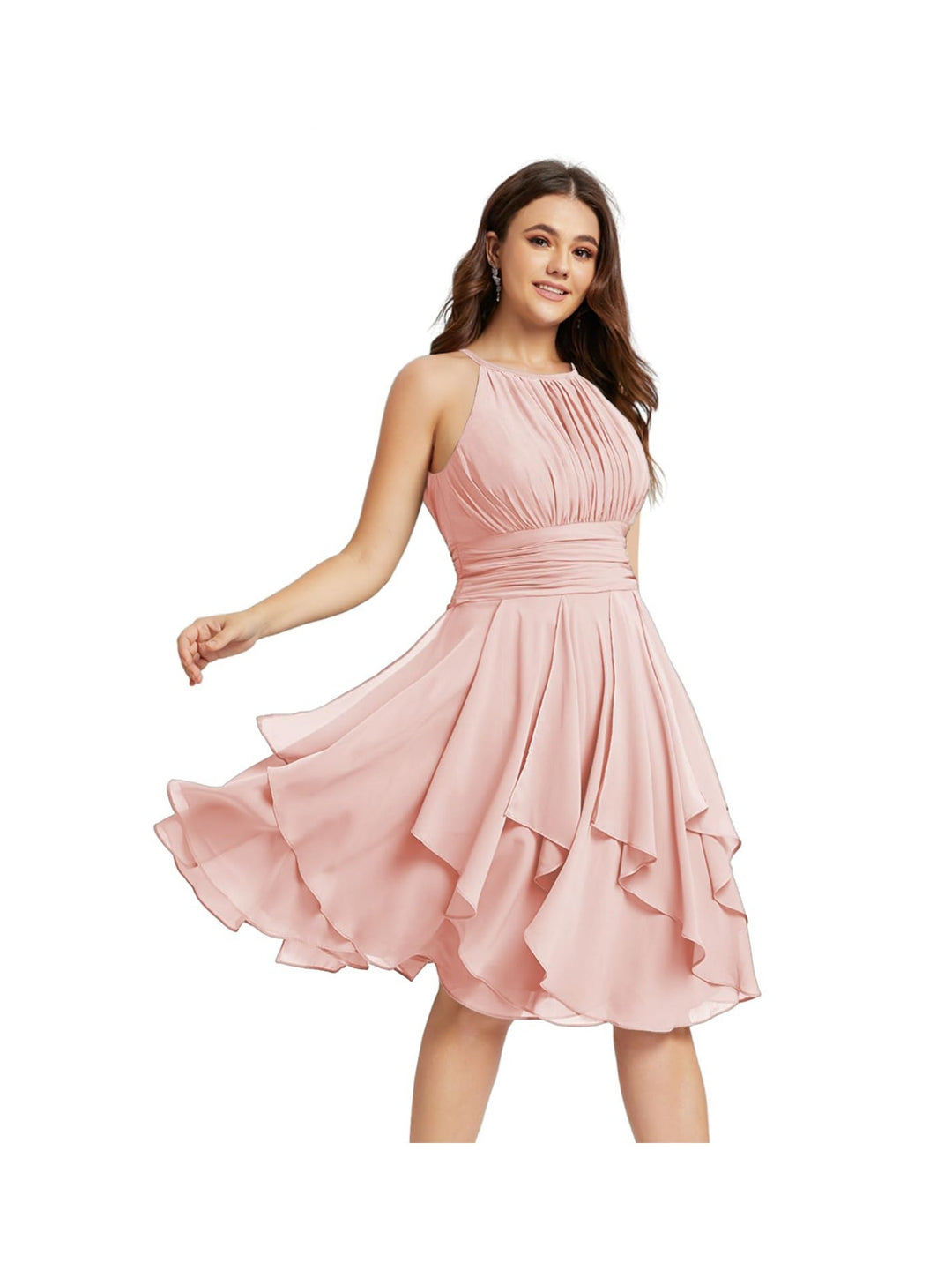 A Line/Princess Halter  Sleeveless Short/Mini  Bridesmaid Dresses Chiffon Ruffle Pleated Pockets