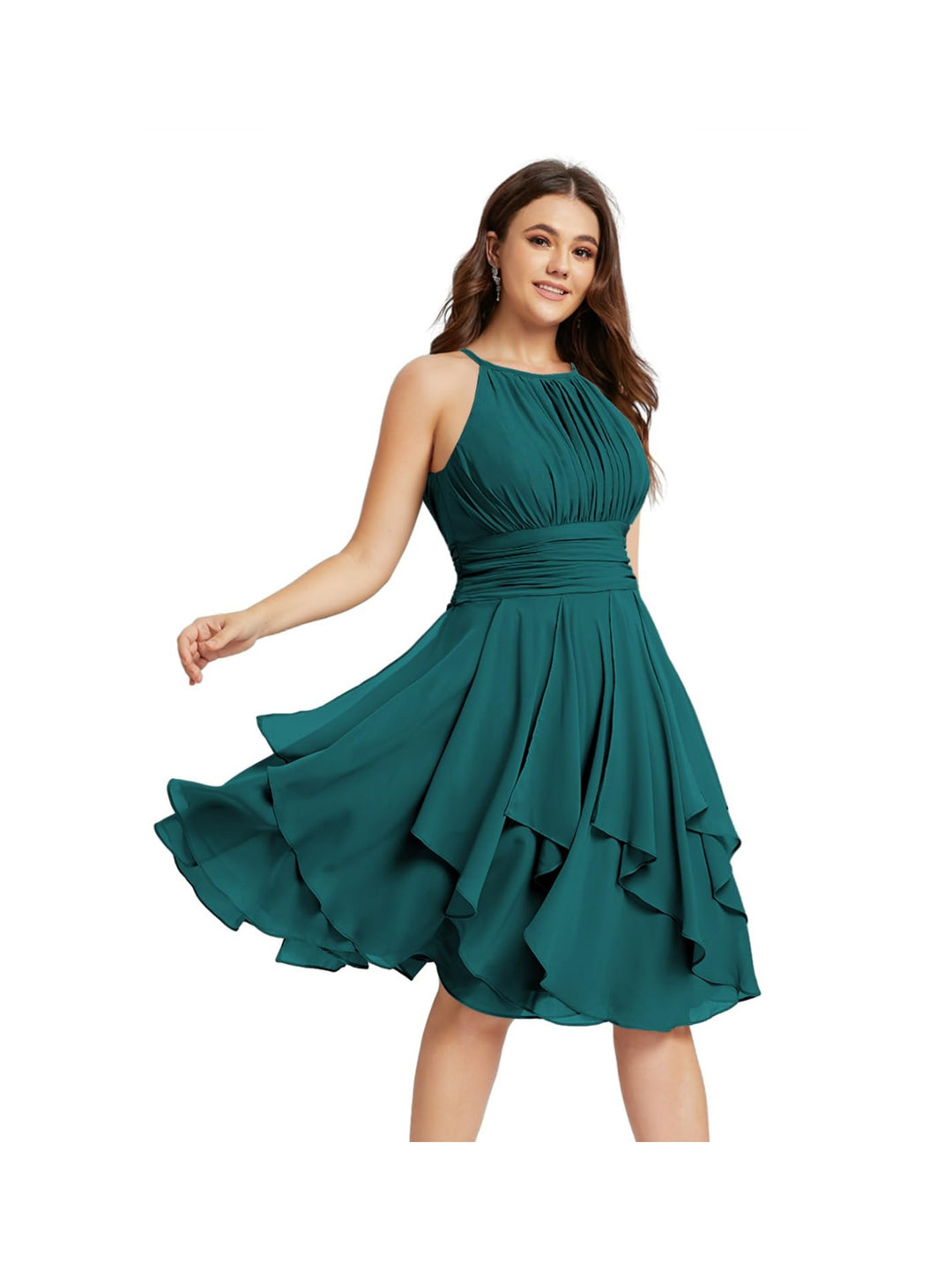 A Line/Princess Halter  Sleeveless Short/Mini  Bridesmaid Dresses Chiffon Ruffle Pleated Pockets