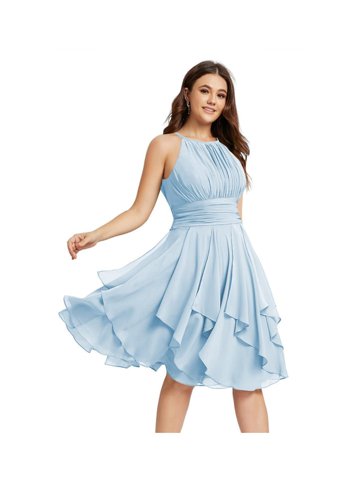 A Line/Princess Halter  Sleeveless Short/Mini  Bridesmaid Dresses Chiffon Ruffle Pleated Pockets