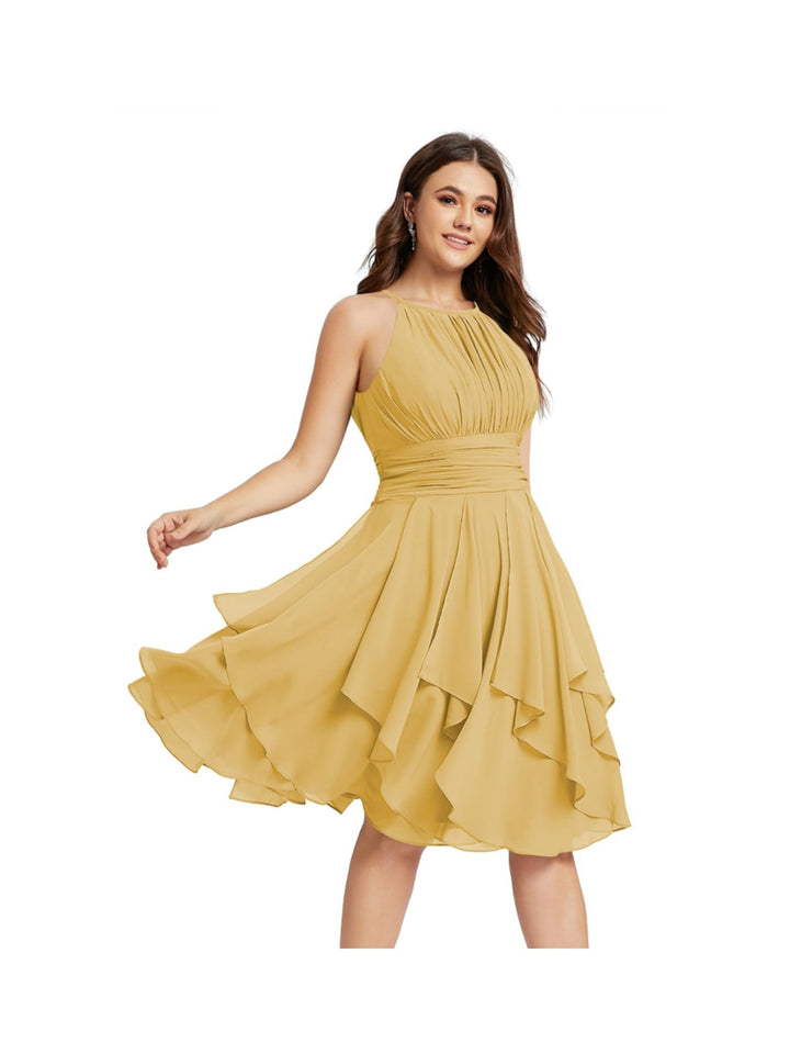 A Line/Princess Halter  Sleeveless Short/Mini  Bridesmaid Dresses Chiffon Ruffle Pleated Pockets