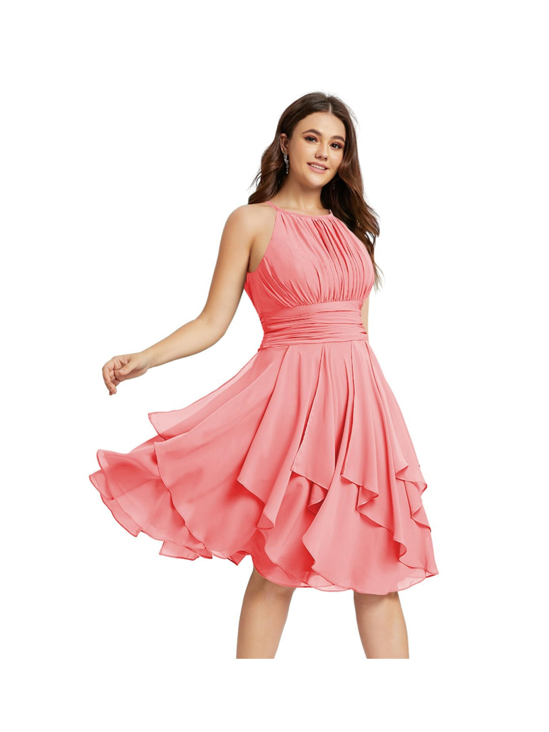 A Line/Princess Halter  Sleeveless Short/Mini  Bridesmaid Dresses Chiffon Ruffle Pleated Pockets