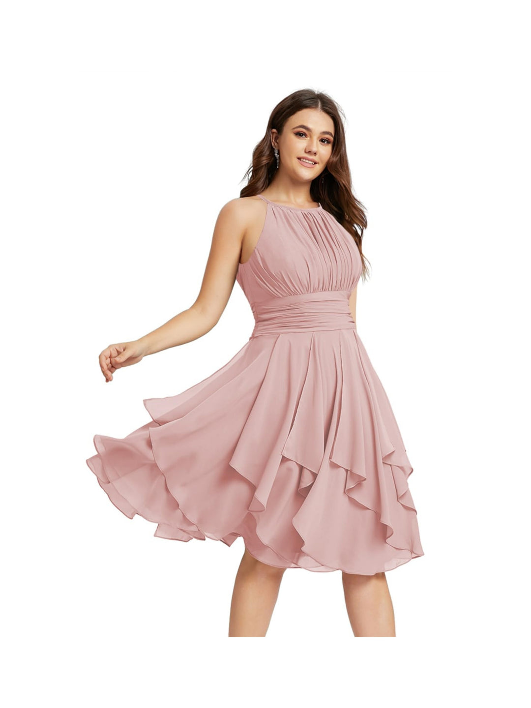 A Line/Princess Halter  Sleeveless Short/Mini  Bridesmaid Dresses Chiffon Ruffle Pleated Pockets