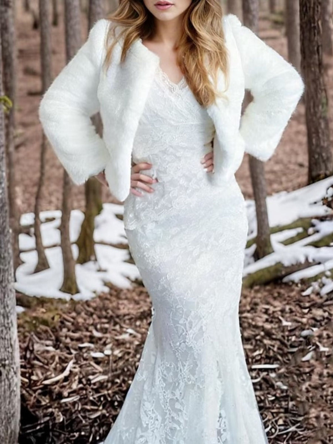 Women's White Elegant Long Sleeves Faux Fur Wrap Jacket with Pure colour