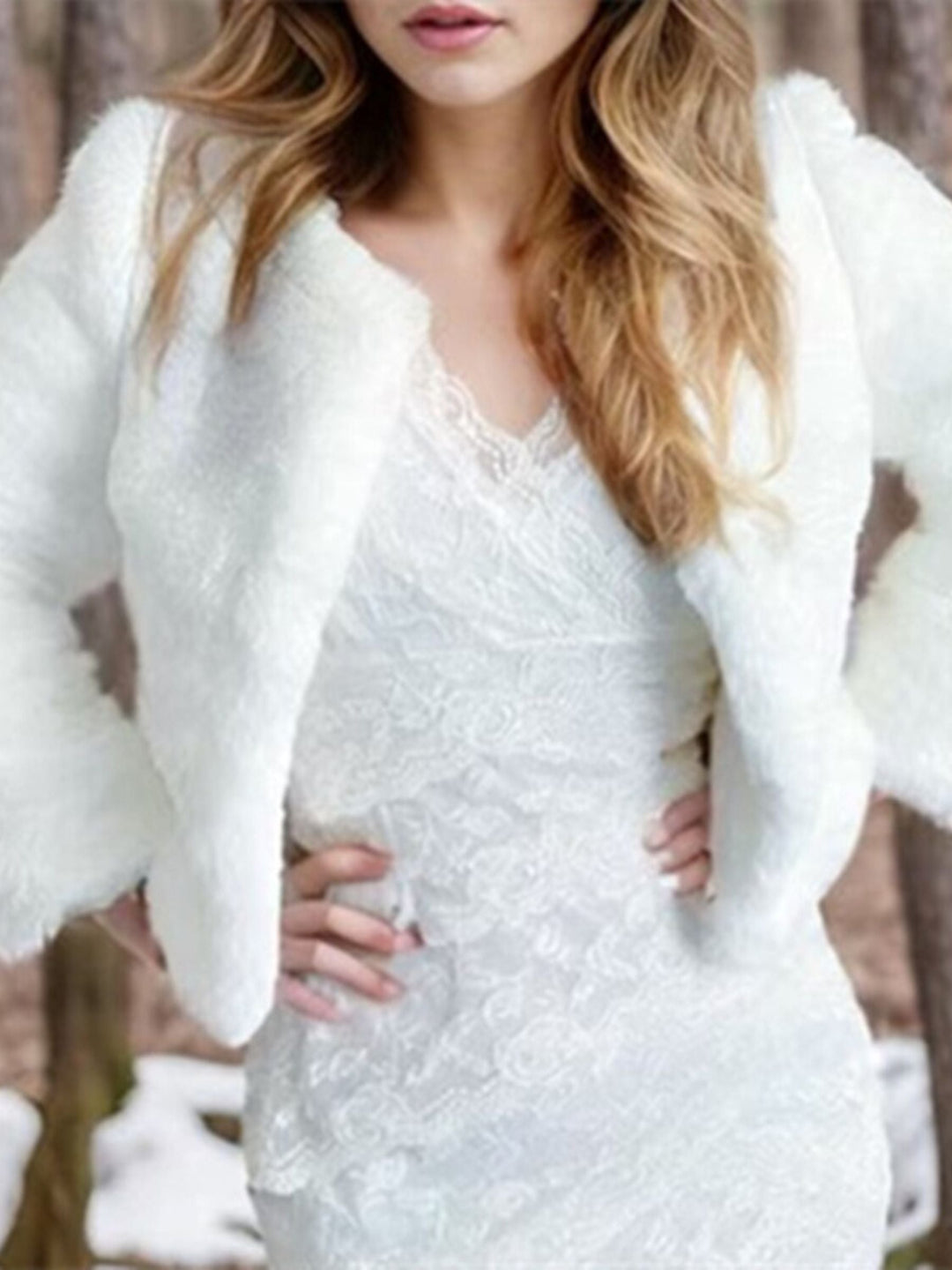 Women's White Elegant Long Sleeves Faux Fur Wrap Jacket with Pure colour