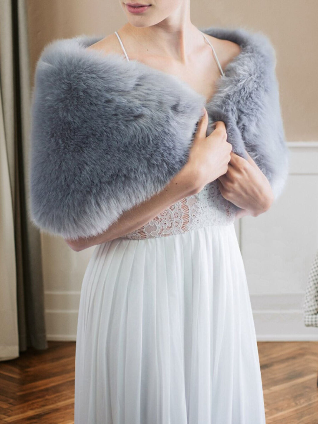 Women's Wrap Dusty Blue Luxury Sleeveless Faux Fur Elegant Shawl