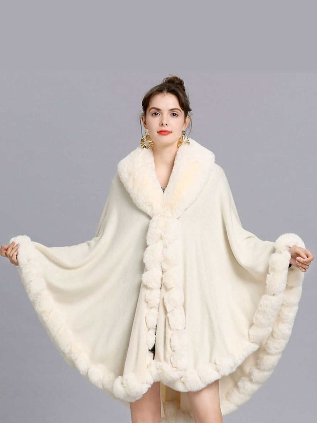 Women White Fashionable Faux Fur Long Sleeves Wrap Cloak with Pure Color