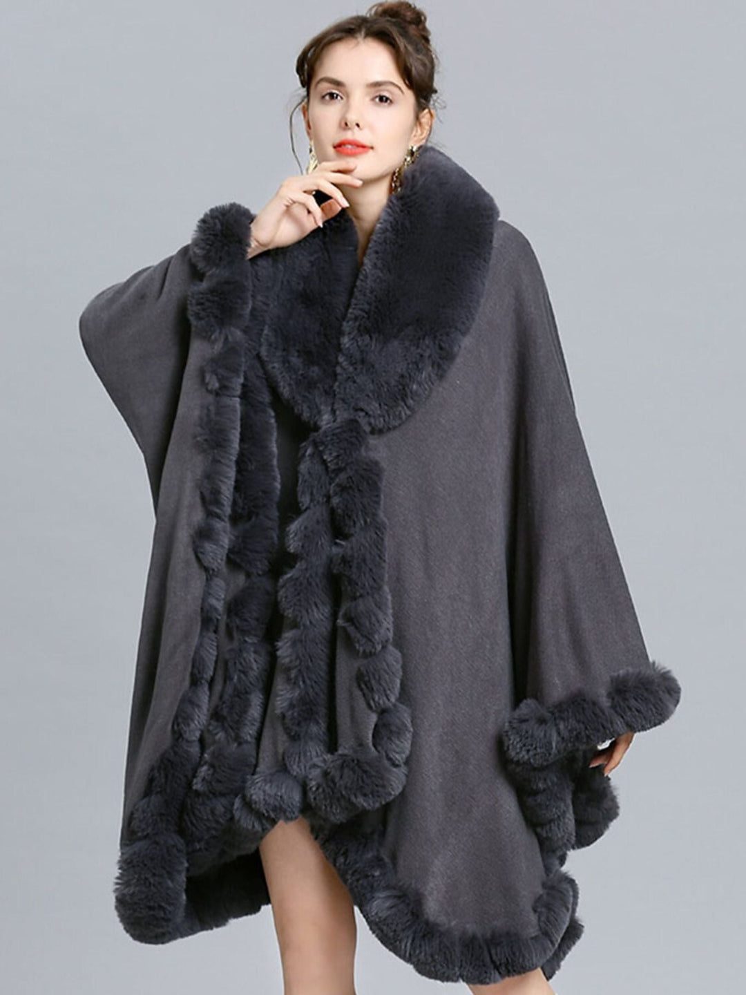 Women White Fashionable Faux Fur Long Sleeves Wrap Cloak with Pure Color