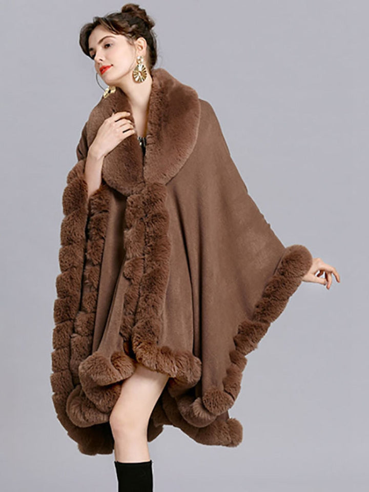 Women White Fashionable Faux Fur Long Sleeves Wrap Cloak with Pure Color