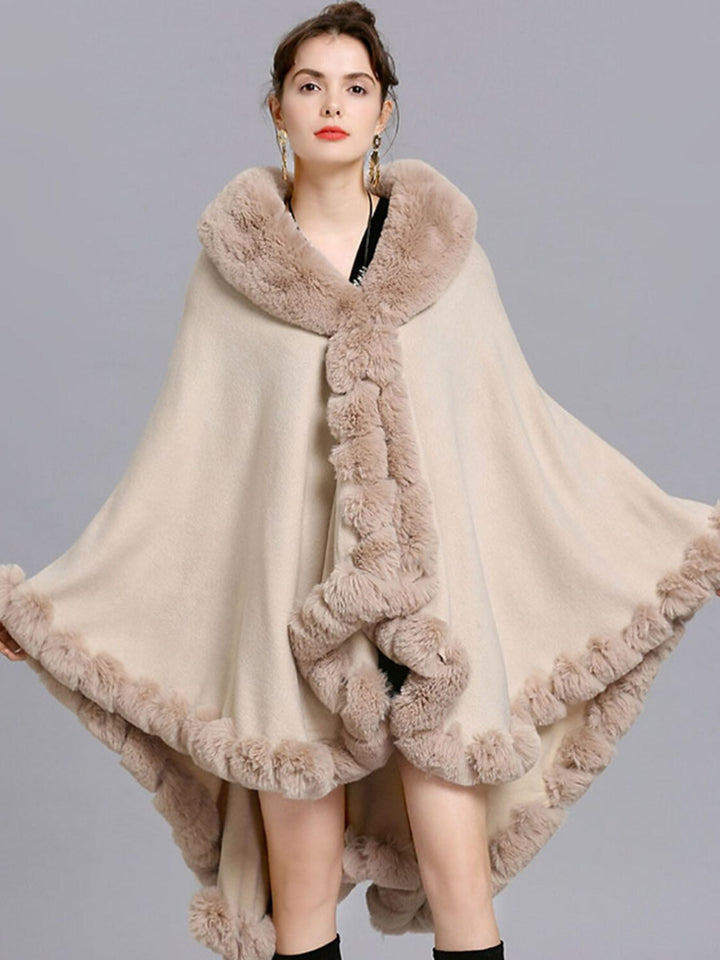 Women White Fashionable Faux Fur Long Sleeves Wrap Cloak with Pure Color