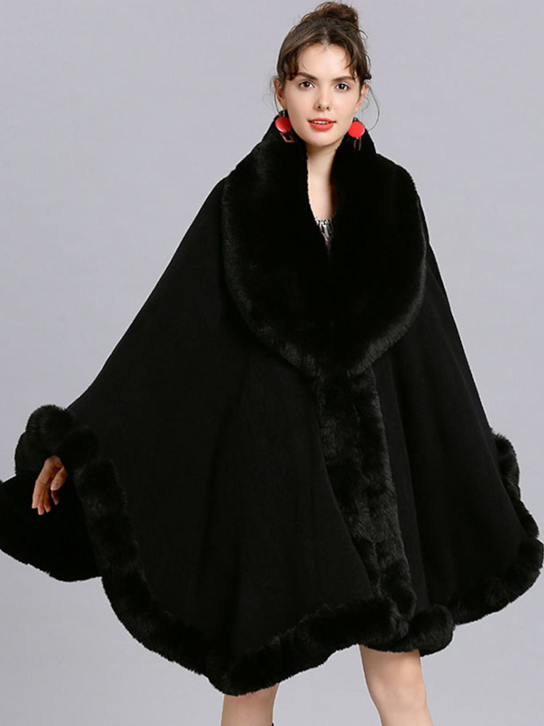 Women White Fashionable Faux Fur Long Sleeves Wrap Cloak with Pure Color