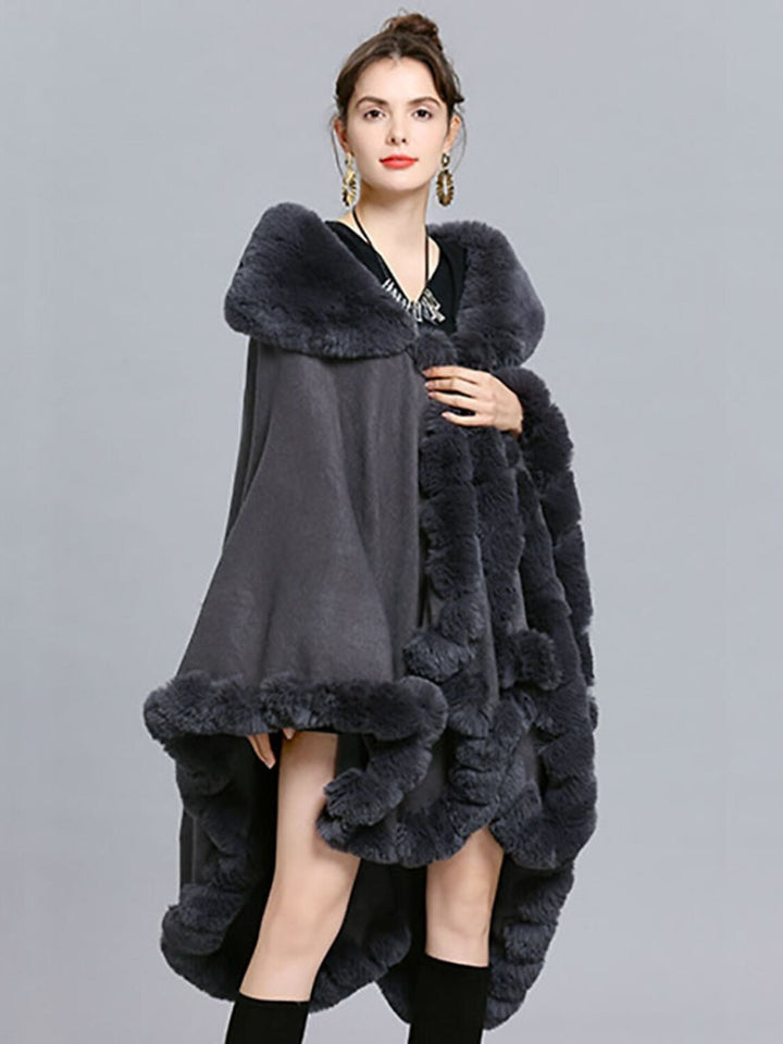 Women White Fashionable Faux Fur Long Sleeves Wrap Cloak with Pure Color