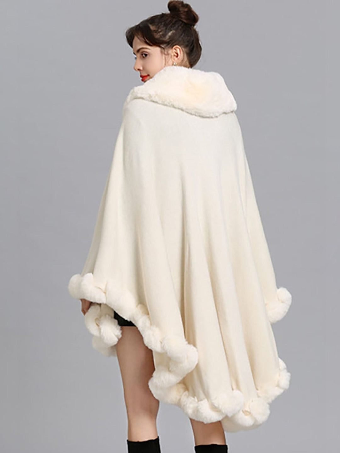 Women White Fashionable Faux Fur Long Sleeves Wrap Cloak with Pure Color