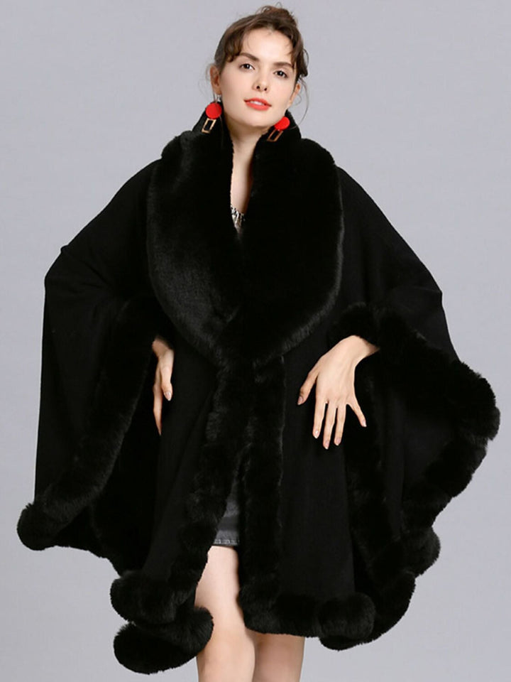 Women White Fashionable Faux Fur Long Sleeves Wrap Cloak with Pure Color