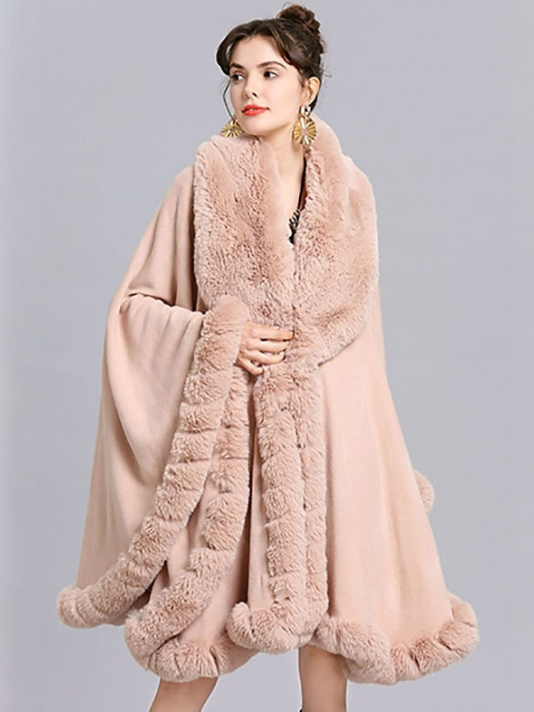 Women White Fashionable Faux Fur Long Sleeves Wrap Cloak with Pure Color