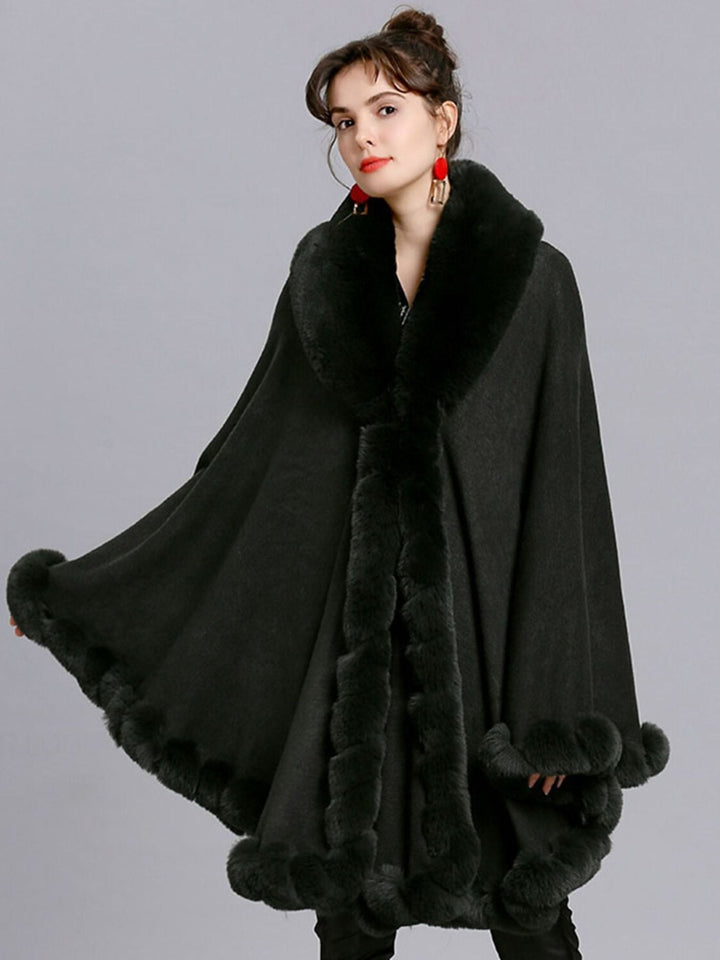 Women White Fashionable Faux Fur Long Sleeves Wrap Cloak with Pure Color