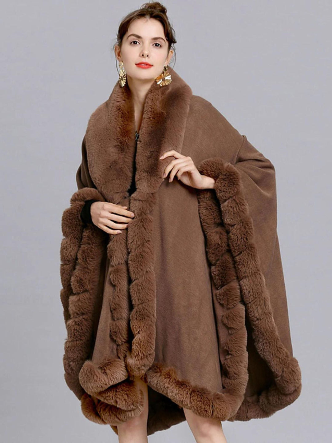 Women White Fashionable Faux Fur Long Sleeves Wrap Cloak with Pure Color