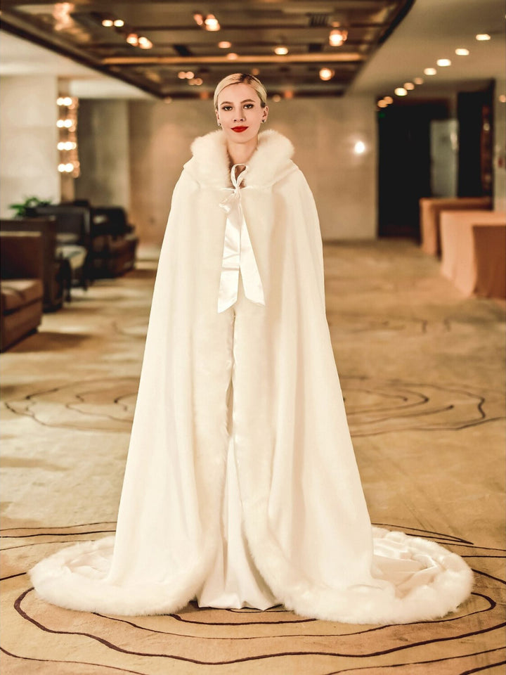 Women White Retro Elegant Faux Fur Floor Length Wrap Cloak with Tie