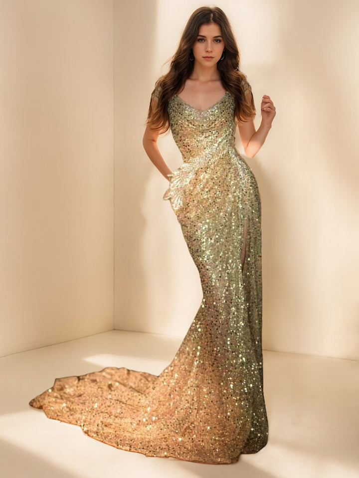 Sparkly Sequin Sweep Train Evening Gown