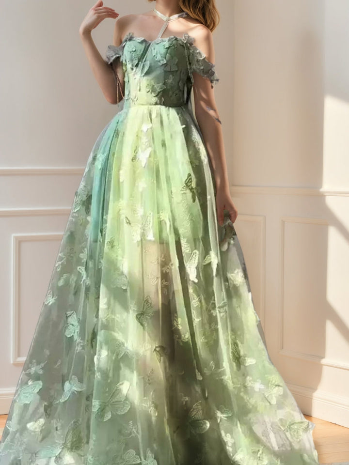 A-Line/Princess Green Spaghetti Straps Sleeveless Floor-Length Evening Dresses with Embroidery