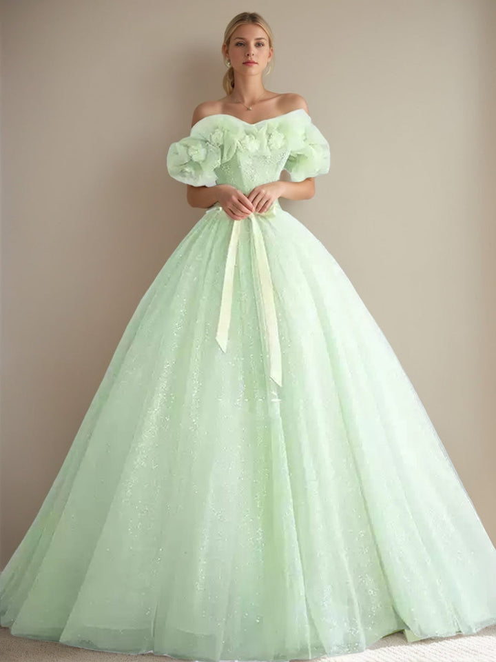 A-Line/Princess Green Sweetheart Sleeveless Floor-Length Evening Dresses with Flower & Bow