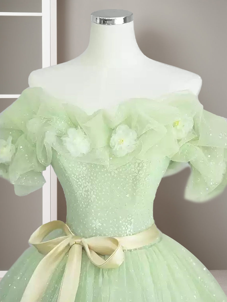 A-Line/Princess Green Sweetheart Sleeveless Floor-Length Evening Dresses with Flower & Bow