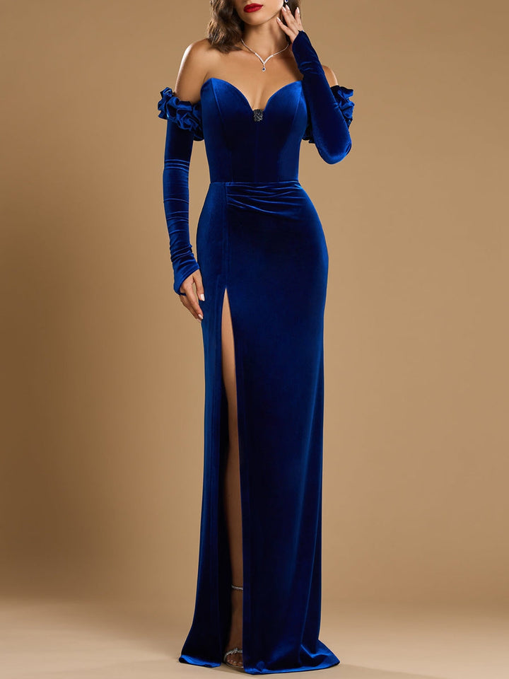 Sheath/Column Strapless Sleeveless Evening Dresses with Ruffles,Rhinestone & High Split