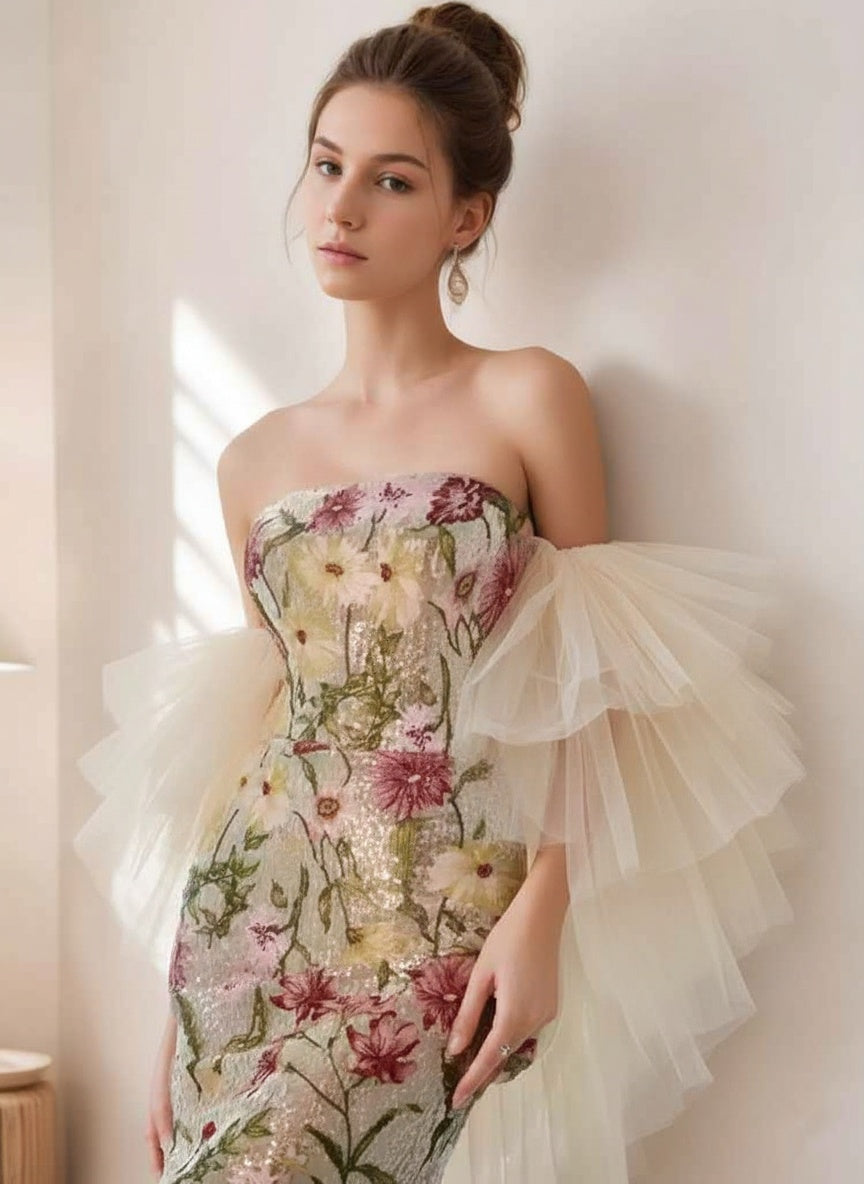 Trumpet/Mermaid Strapless Sleeveless Printed Floral Evening Dresses with Embroidery