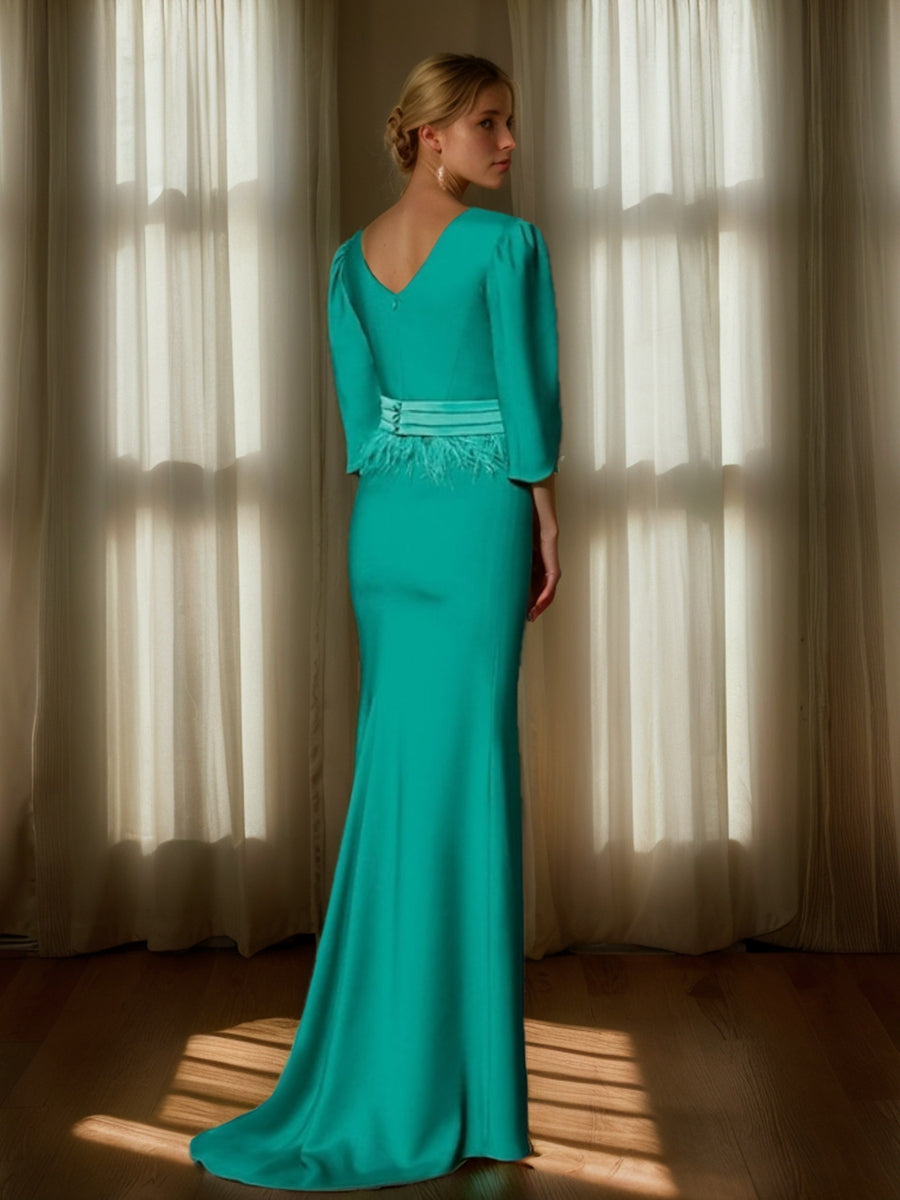 Trumpet/Mermaid V-Neck 3/4 Sleeves Evening Dresses with Embroidery & Belt & Feather