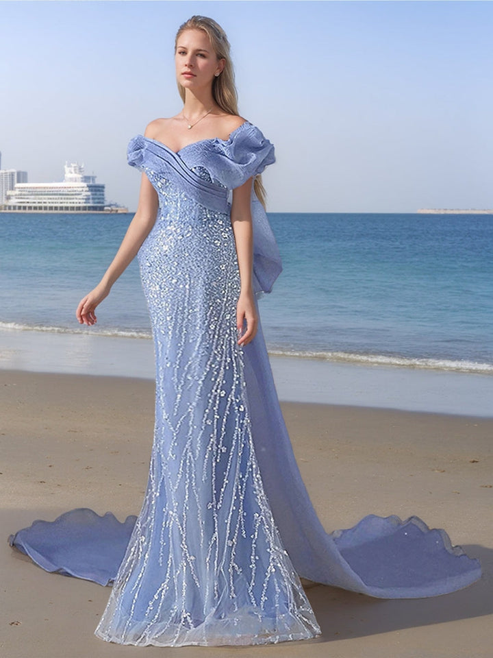 Trumpet/Mermaid V-Neck Short Sleeves Floor-Length Evening Dresses Sequins & Bow & Watteau Train