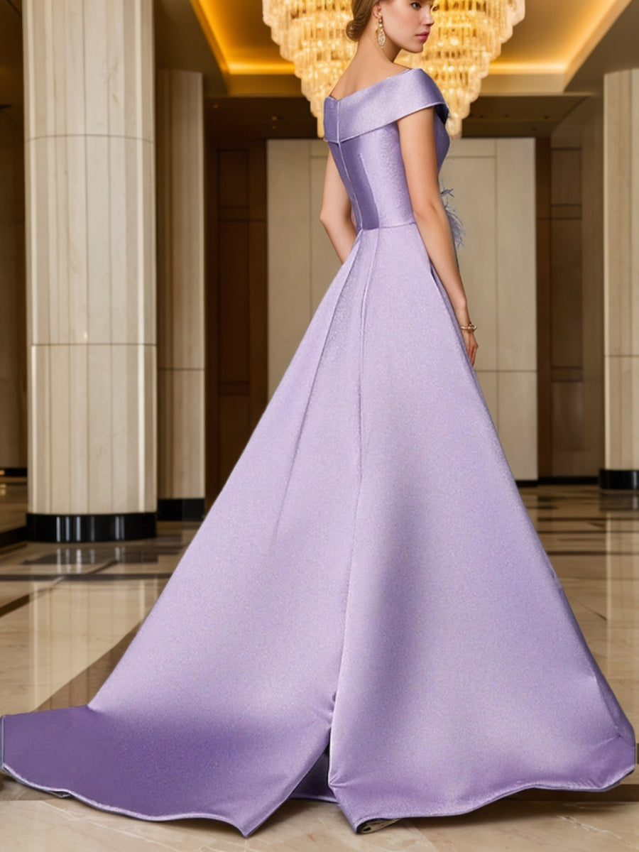 A-Line/Princess V-Neck Sleeveless Long Evening Dresses with High Split & Feather