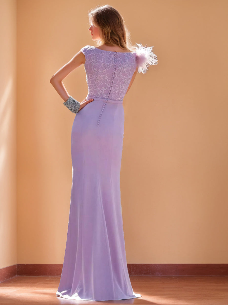 Sheath/Column V-Neck Sleeveless Elegant Evening Dresses with Feather & Appliques