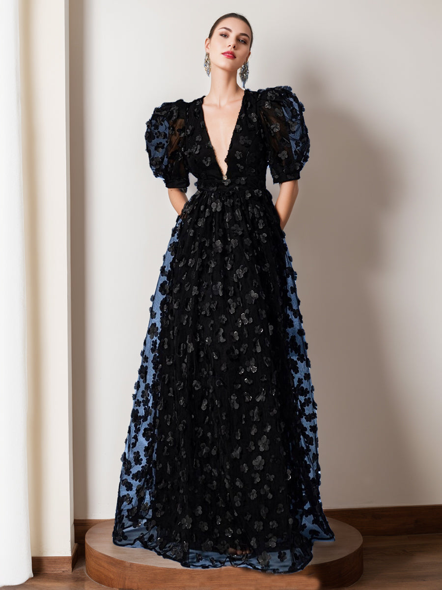 A-Line/Princess V-Neck Half Sleeves Chiffon Evening Dresses with Floral Embroidery