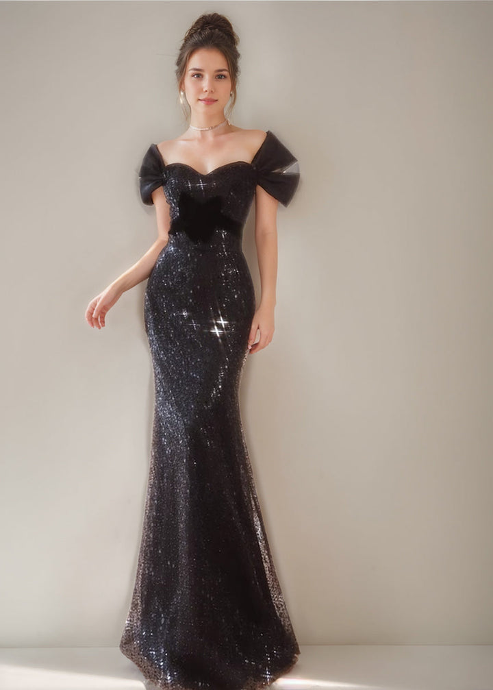 Black Luxurious A-Line/Princess Short Sleeves Evening Dresses with Sequins & Ruffles