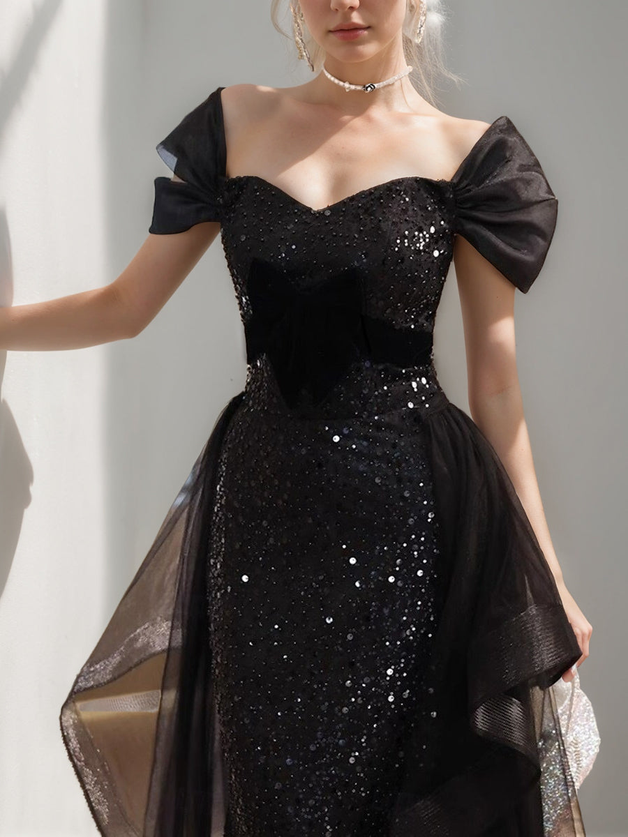 Black Luxurious A-Line/Princess Short Sleeves Evening Dresses with Sequins & Ruffles