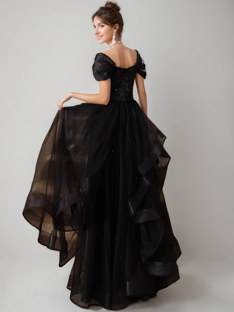 Black Luxurious A-Line/Princess Short Sleeves Evening Dresses with Sequins & Ruffles