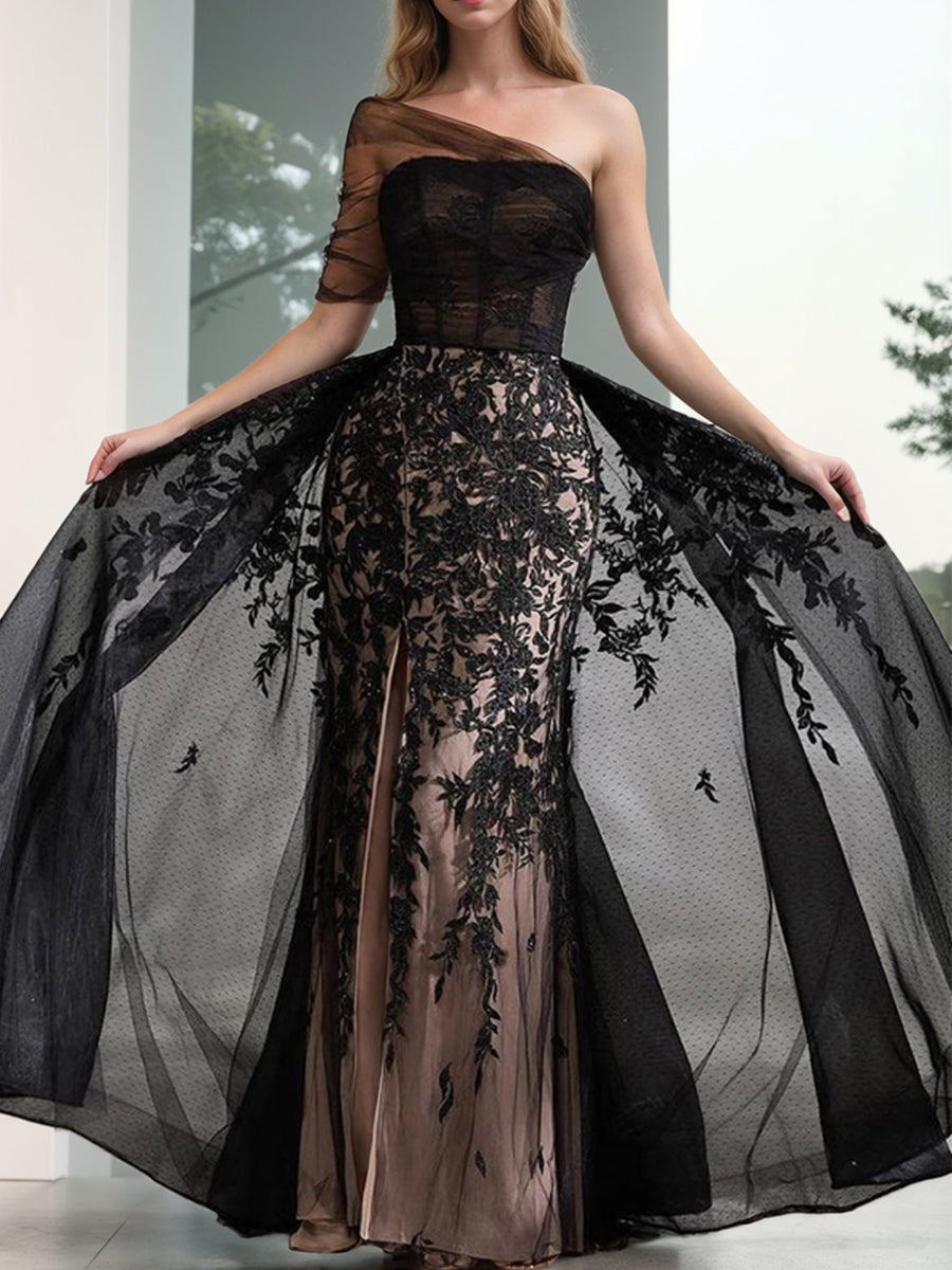 Black A-Line One-Shoulder Tulle Elegant Evening Dresses with Appliques & High Split