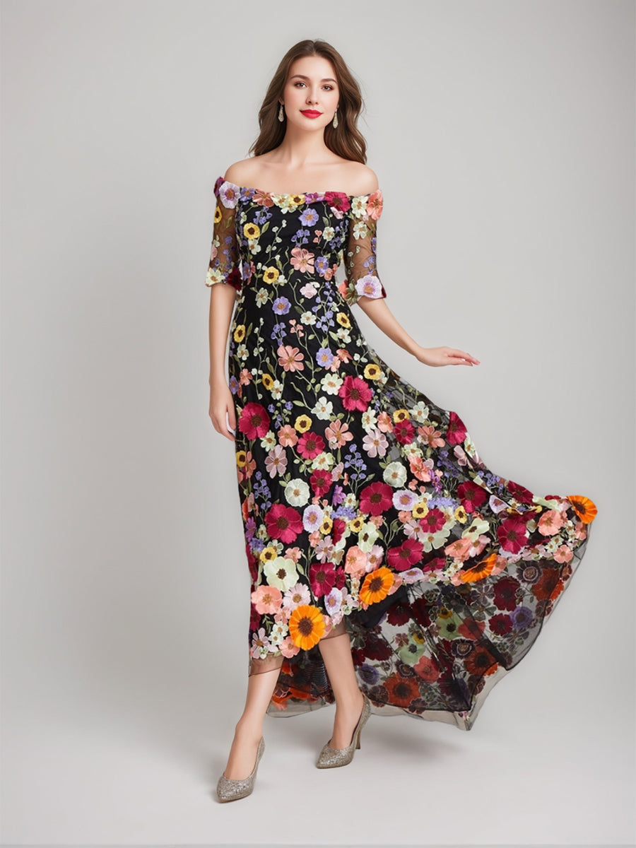 A-Line/Princess Off-the-Shoulder Half Sleeves Printed Floral Weddding Guest Dresses
