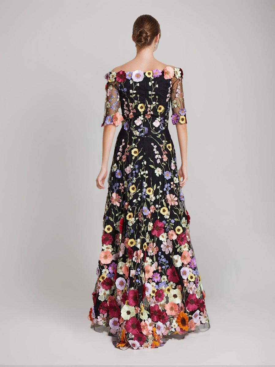 A-Line/Princess Off-the-Shoulder Half Sleeves Printed Floral Weddding Guest Dresses