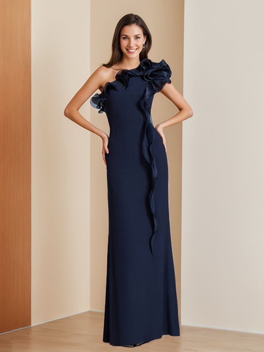 Sheath/Column One-Shoulder Sleeveless Floor-Length Chic Evening Dresses with Ruffles